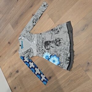 Desigual Women's Small Long-sleeved Dress Blue Floral Text Face